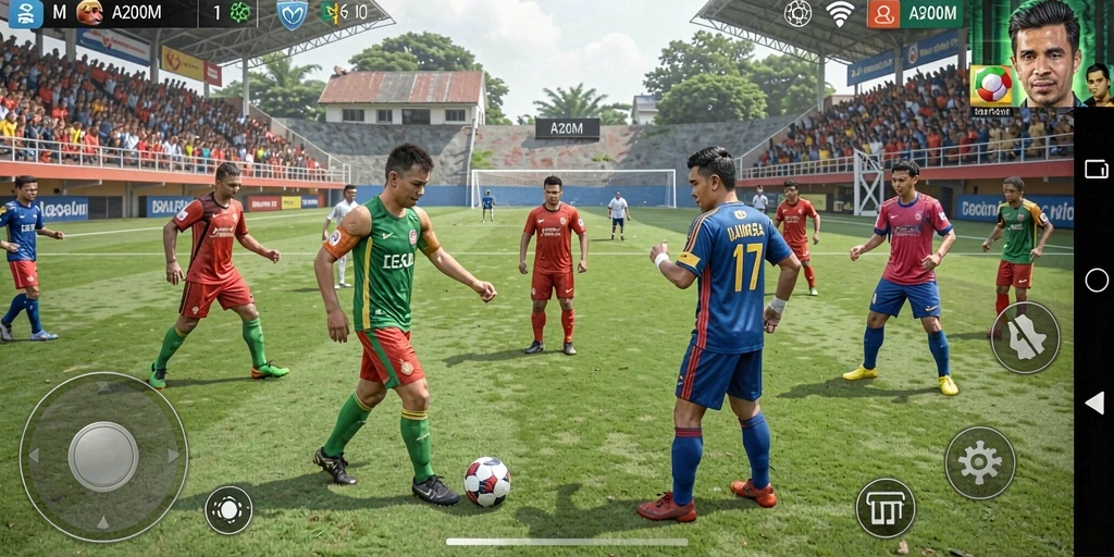 Screenshot A200M menunjukkan aksi seru di lapangan olahraga.