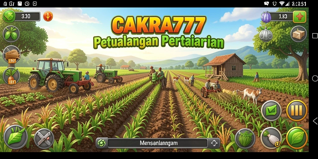 Tampilan gameplay CAKRA777 dengan aktivitas pertanian yang interaktif.