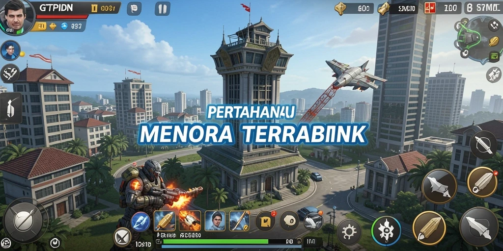 Screenshot GTPIDN menampilkan aksi menara bertempur melawan gelombang musuh.